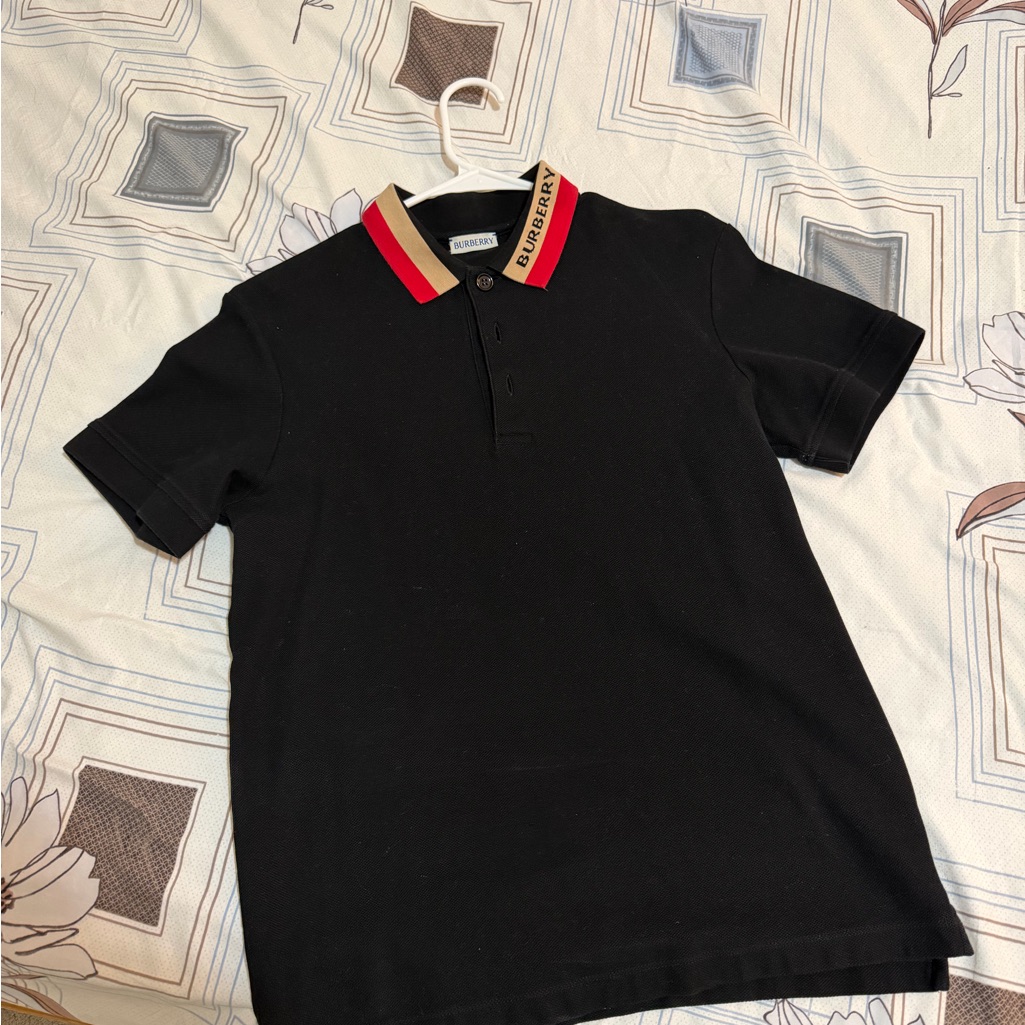Burberry Black Polo With Red And Tan Stripe Collar